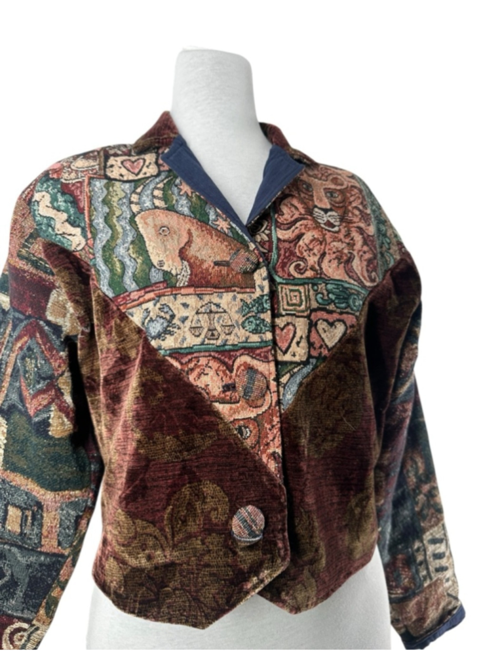 Vintage 90s Village Factory Velvet Patchwork Tapestry Statement Coat boho sz sm - Picture 9 of 9